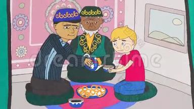 卡通人物的动画，不同种族的老人和小男孩在一个有波斯地毯的房间里喝茶